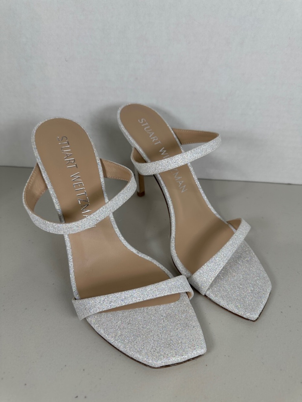 Stuart Weitzman White Silver Glitter Strappy Heeled Sandals